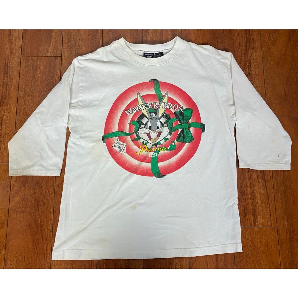 VTG 1996 Warner Bros Looney Tunes Bugs Bunny "Happie Holidays" raglan t-shirt S